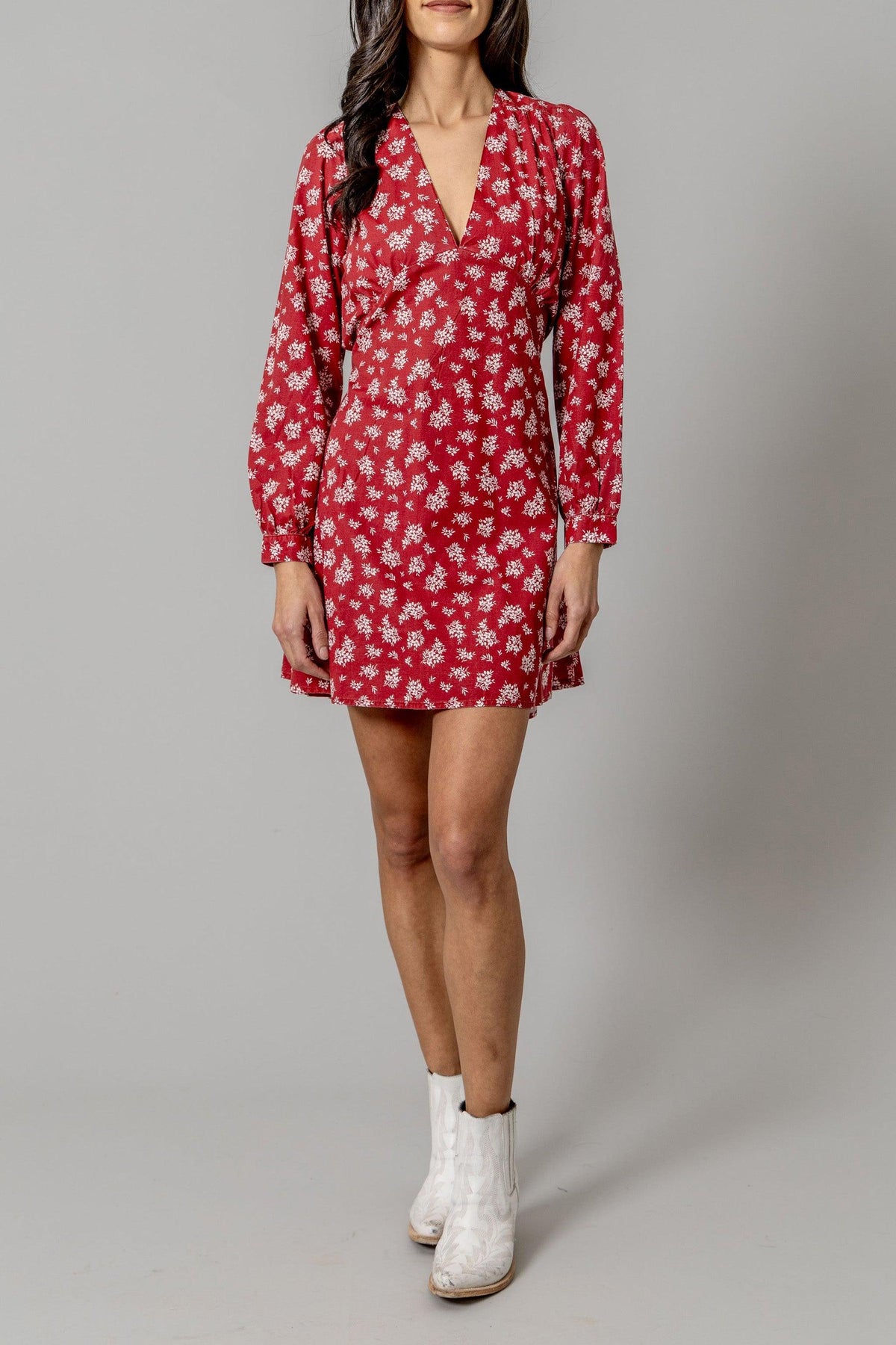 Kimes Ranch Georgina Tencel Dress in Red with white floral print and long sleeves