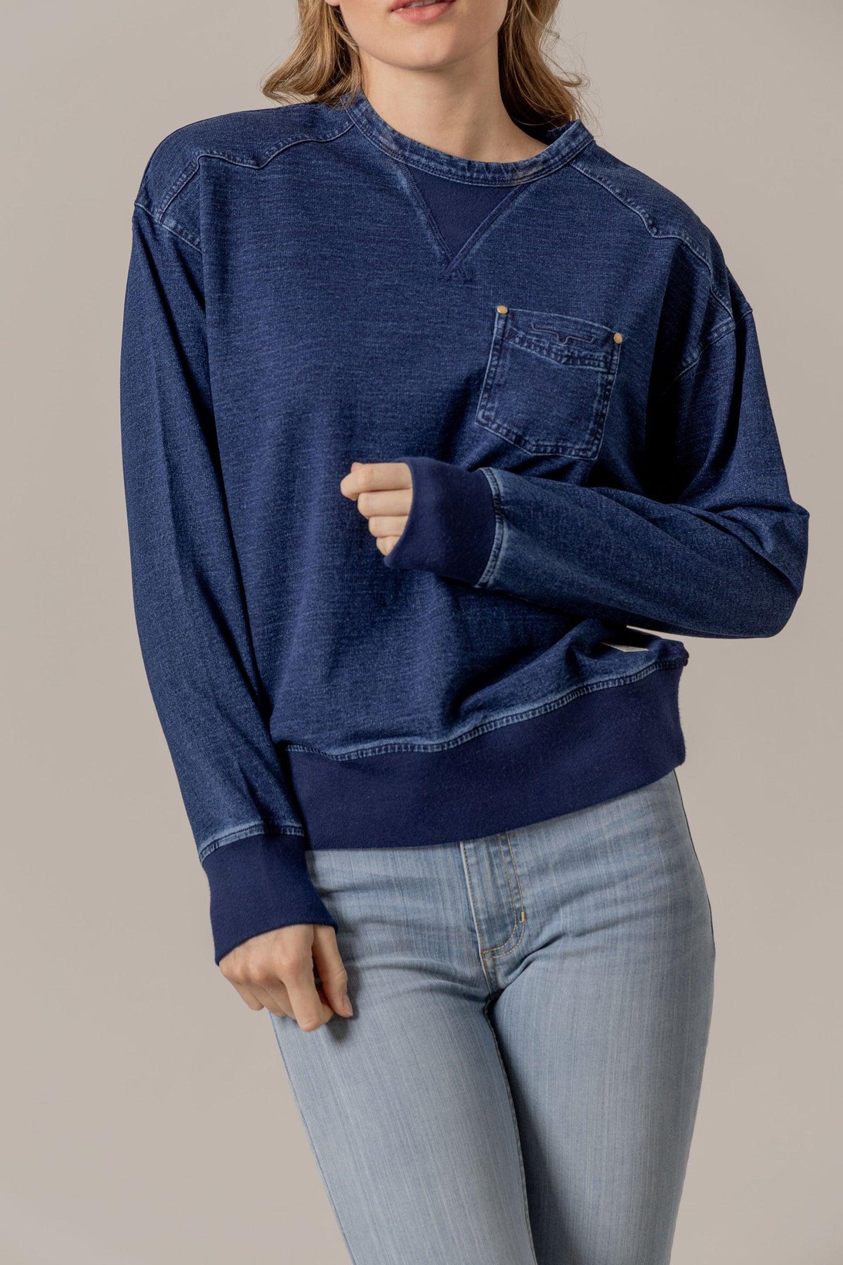 Kimes Ranch Gina Western Crew sweatshirt in Indigo Blue with a chest pocket and contrast ribbed trim