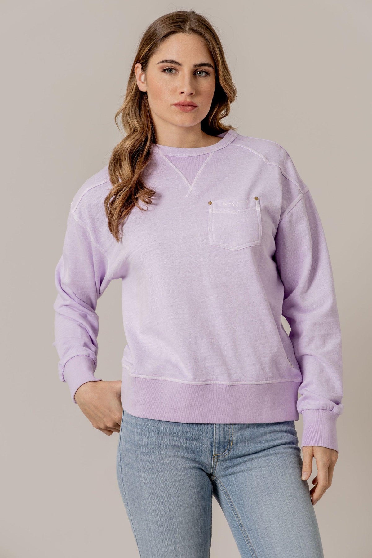 Kimes Ranch Gina Western Crew sweatshirt in Lavender with a chest pocket and contrast stitching
