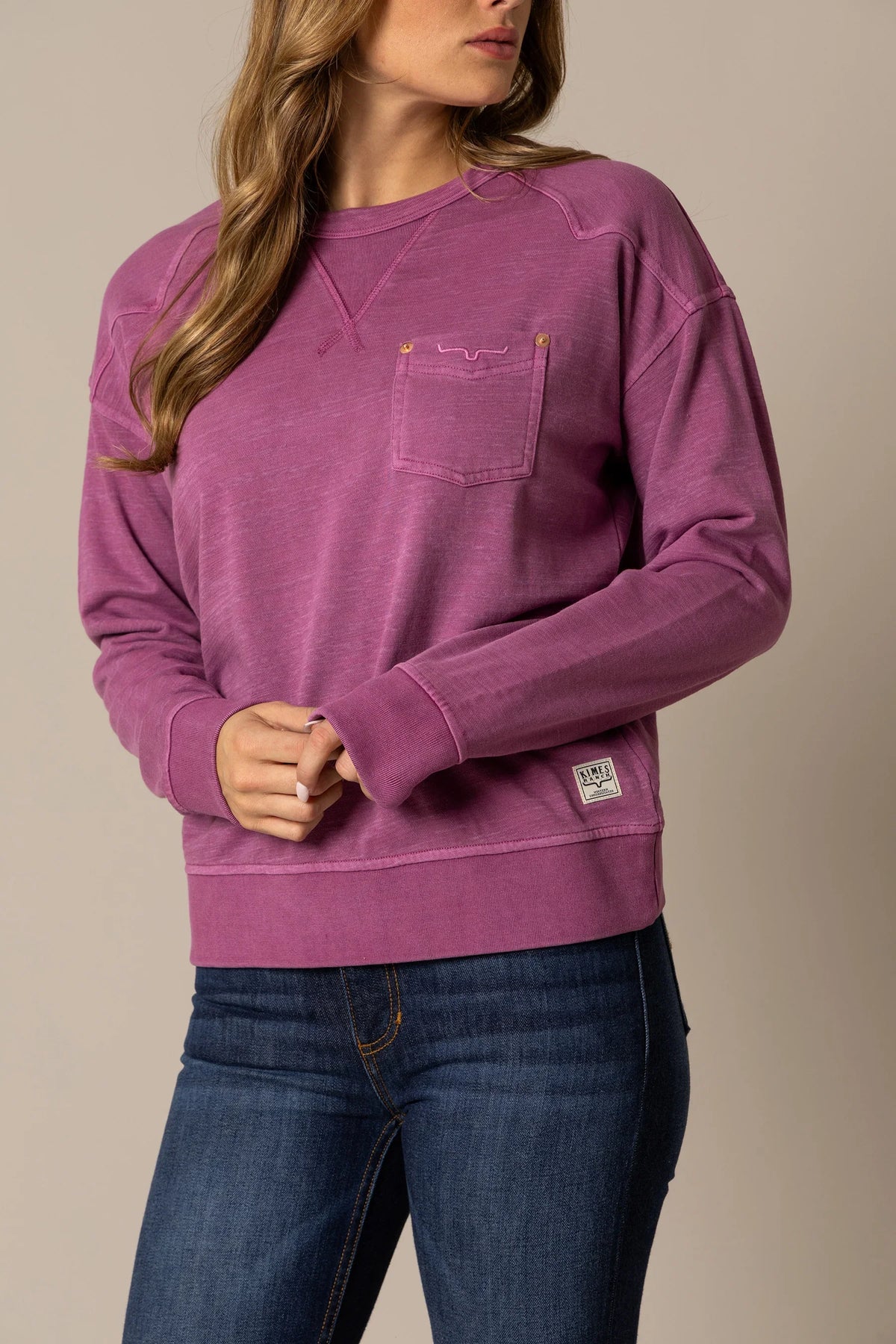Kimes Ranch Gina Western Crew sweatshirt in Magenta with a chest pocket and embroidered logo