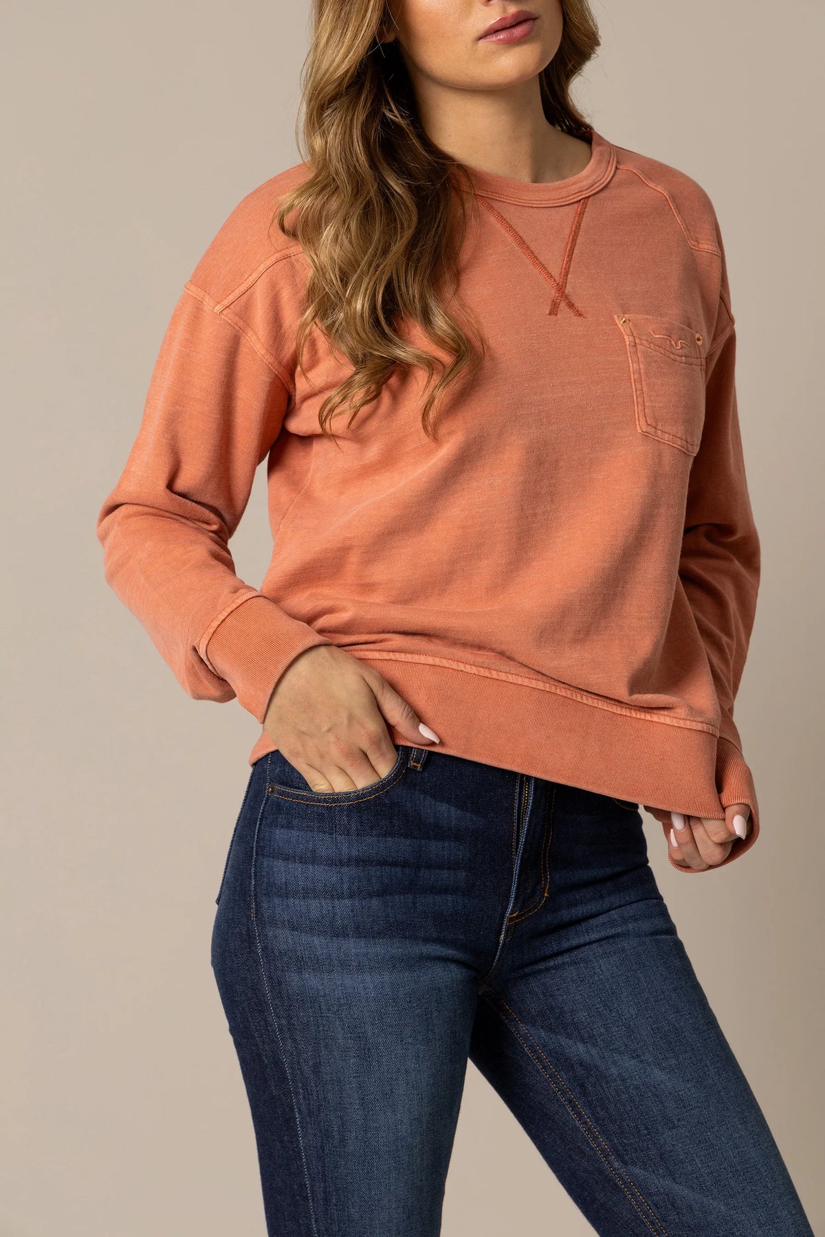 Kimes Ranch Gina Western Crew sweatshirt in Muted Red with a chest pocket and contrast stitching