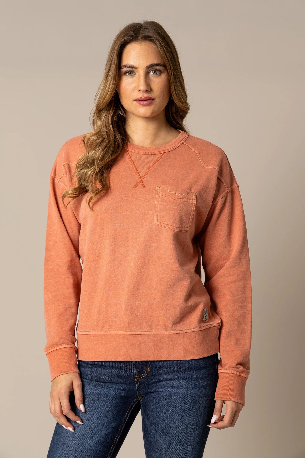 Kimes Ranch Gina Western Crew sweatshirt in Muted Red with a chest pocket and western yoke