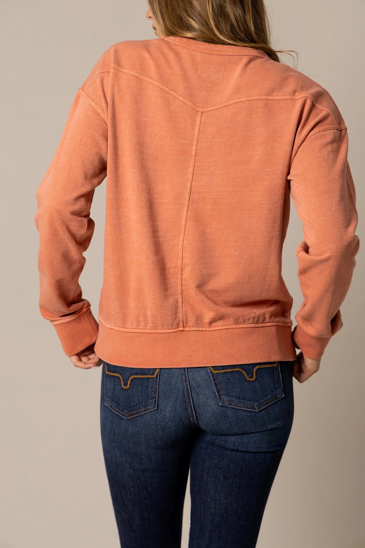Kimes Ranch Gina Western Crew sweatshirt in Muted Red, back view, with a back yoke and long sleeves
