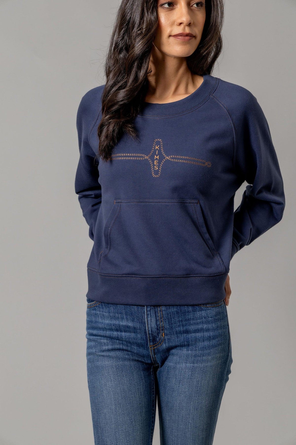 Kimes Ranch Gracie Cropped Crewneck sweatshirt in Blue with a front kangaroo pocket and embroidered logo