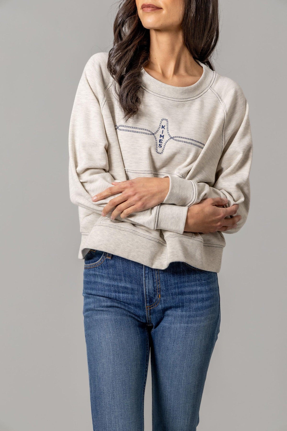 Kimes Ranch Gracie Cropped Crewneck sweatshirt in Light Grey with a front logo and contrast stitching