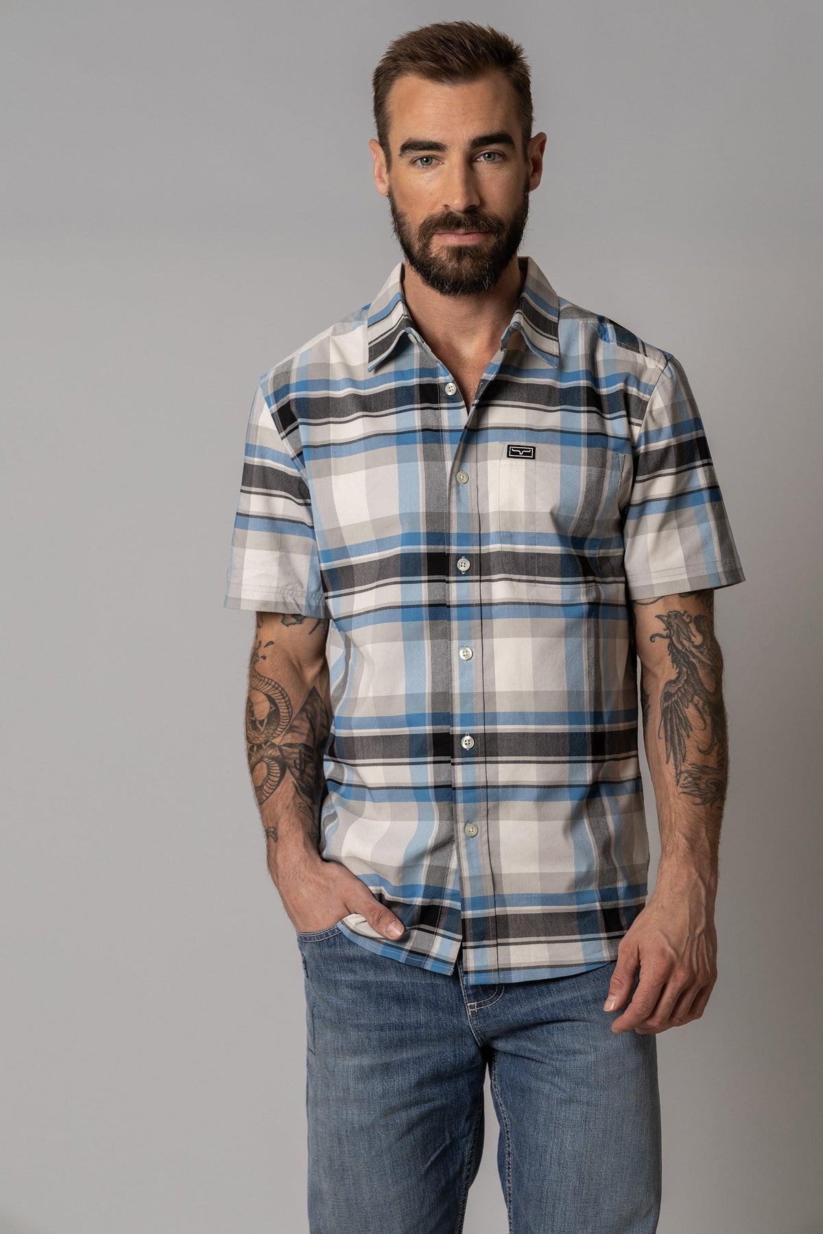 Kimes Ranch Grande Plaid Dress Shirt in Blue with short sleeves and a chest pocket