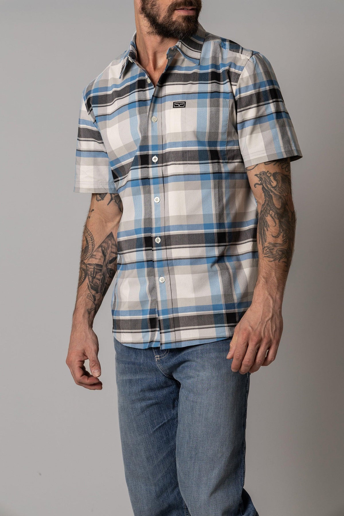Kimes Ranch Grande Plaid Dress Shirt in Blue with short sleeves and a chest pocket