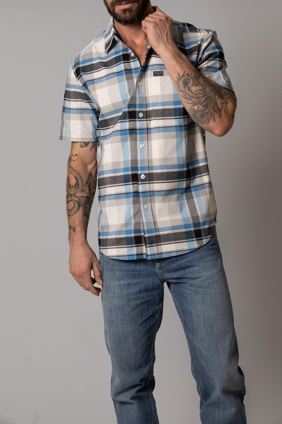 Kimes Ranch Grande Plaid Dress Shirt in Blue with short sleeves and a chest pocket