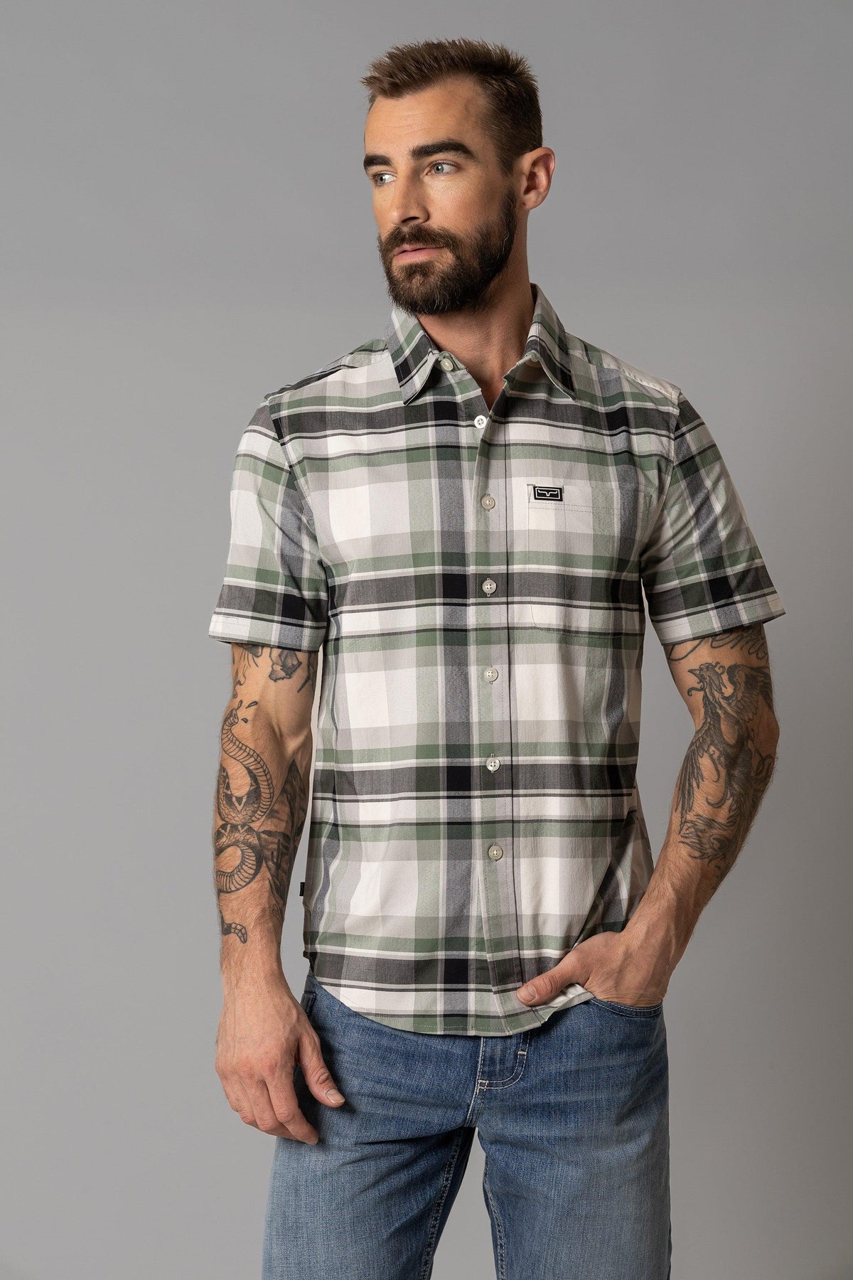 Kimes Ranch Grande Plaid Dress Shirt in Green with short sleeves and a chest pocket with logo