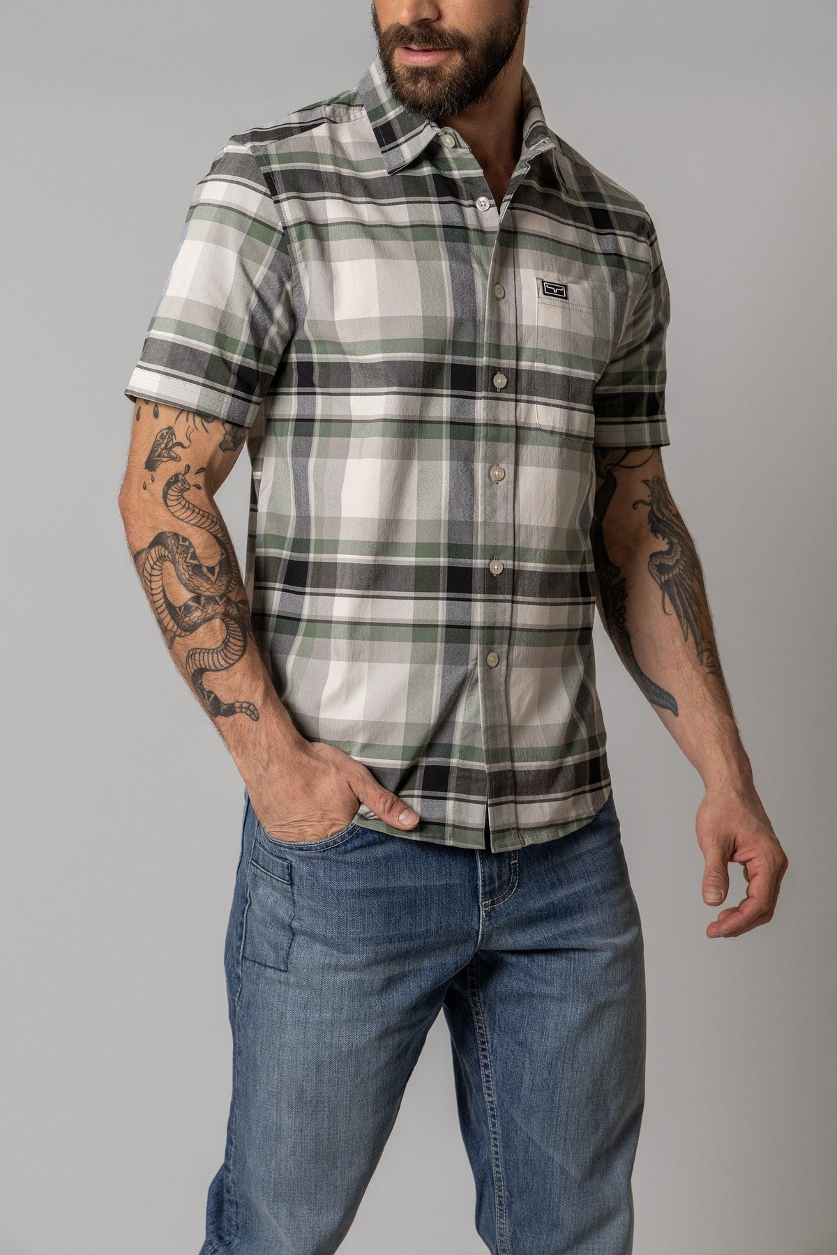 Kimes Ranch Grande Plaid Dress Shirt in Green with short sleeves and a chest pocket