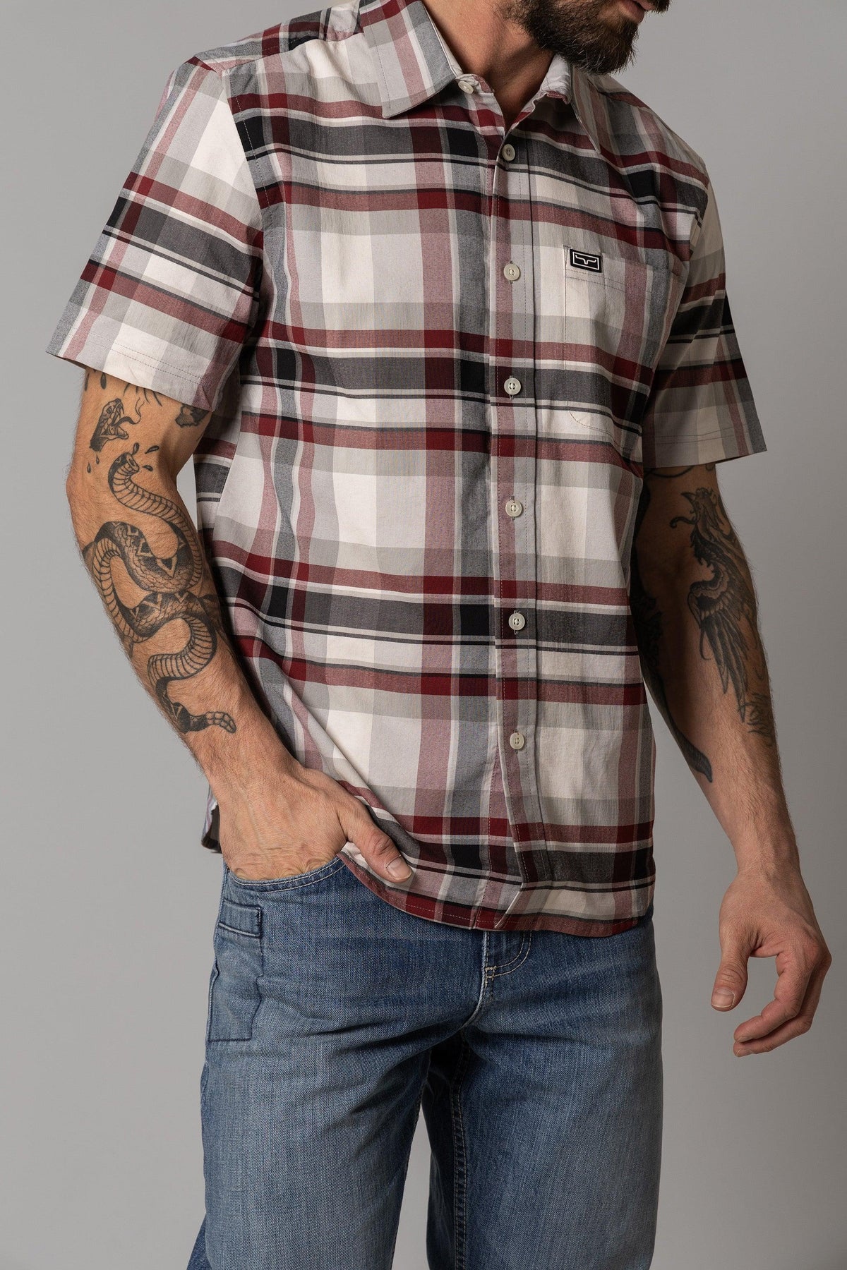 Kimes Ranch Grande Plaid Dress Shirt in Red with short sleeves and a chest pocket