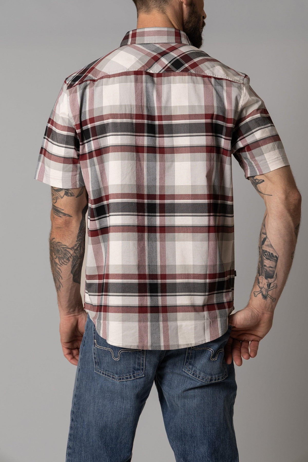 Kimes Ranch Grande Plaid Dress Shirt in Red, back view, with short sleeves and a plaid pattern