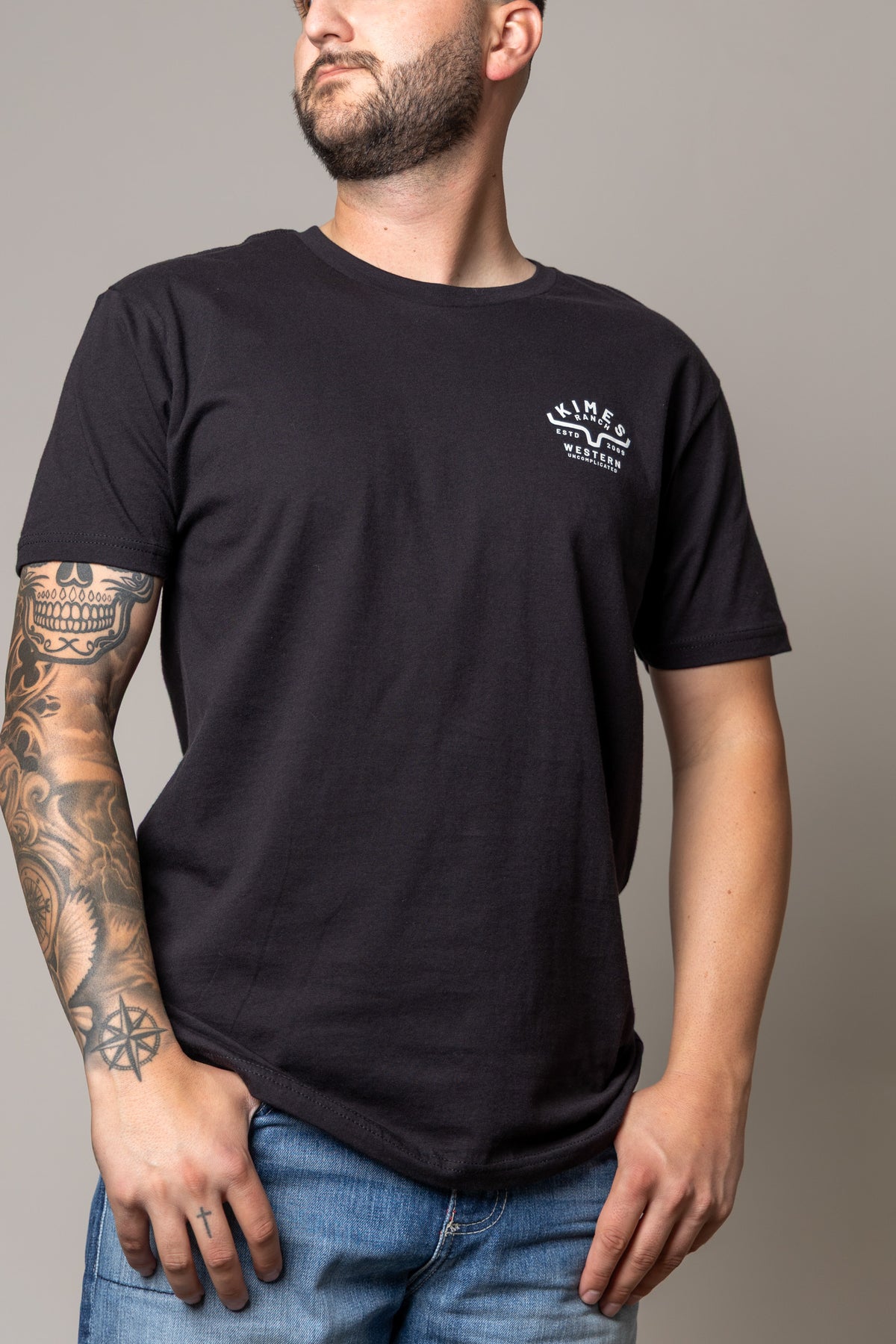 Kimes Ranch Grandview Black t-shirt with a white chest logo and short sleeves