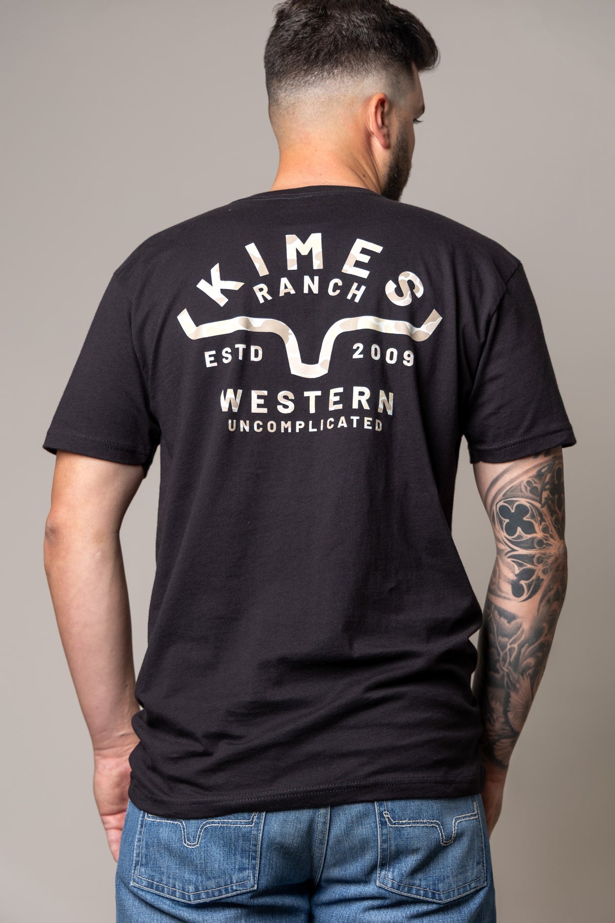 Kimes Ranch Grandview shirt in Black, back view, with a back graphic featuring the Kimes Ranch logo