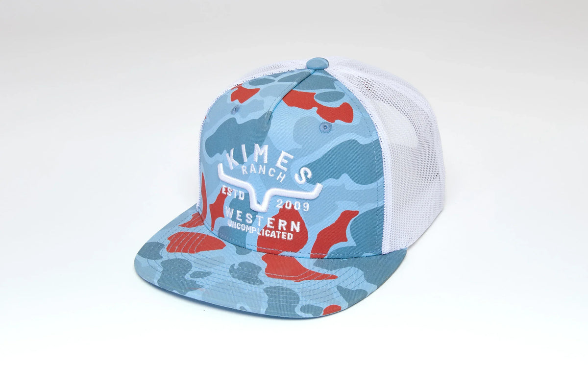 Kimes Ranch Grandview Trucker hat in Blue with red camo and the Kimes Ranch logo