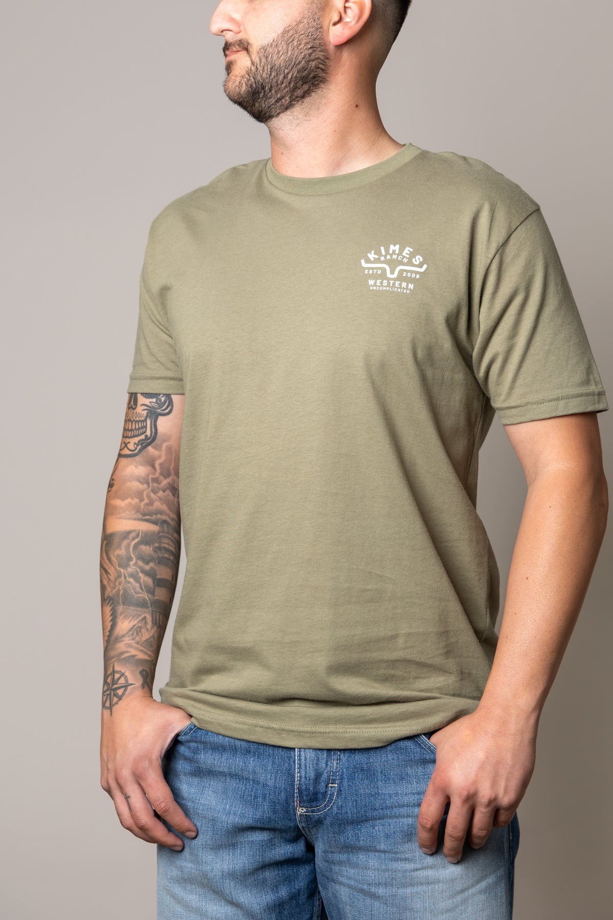 Kimes Ranch Grandview shirt in Light Olive with a chest logo