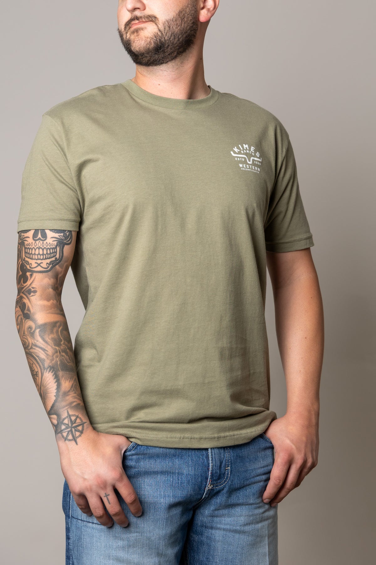 Kimes Ranch Grandview shirt in Light Olive with a crew neck and short sleeves and a small chest logo