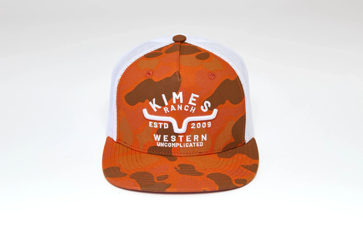 Kimes Ranch Grandview Trucker hat in Orange with a white mesh back and embroidered logo