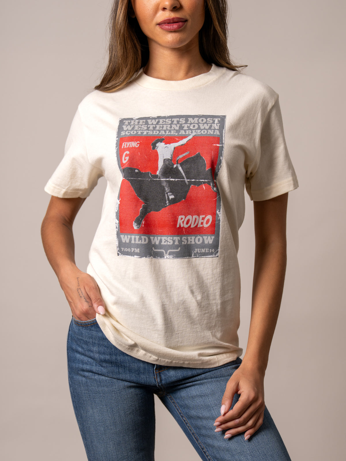 Kimes Ranch Ladies Greg 1950 shirt in Cream with a vintage rodeo graphic