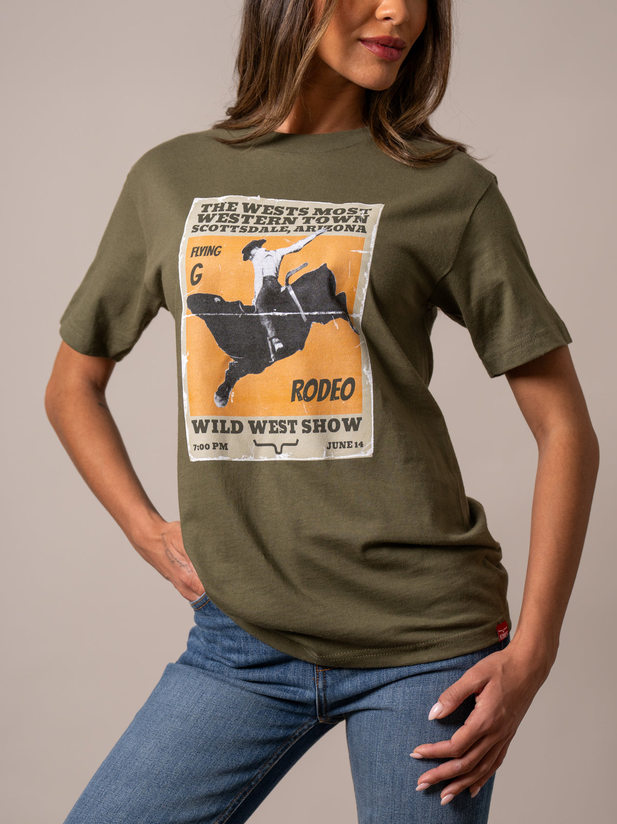 Kimes Ranch Ladies Greg 1950 shirt in Military Green with a vintage rodeo poster graphic