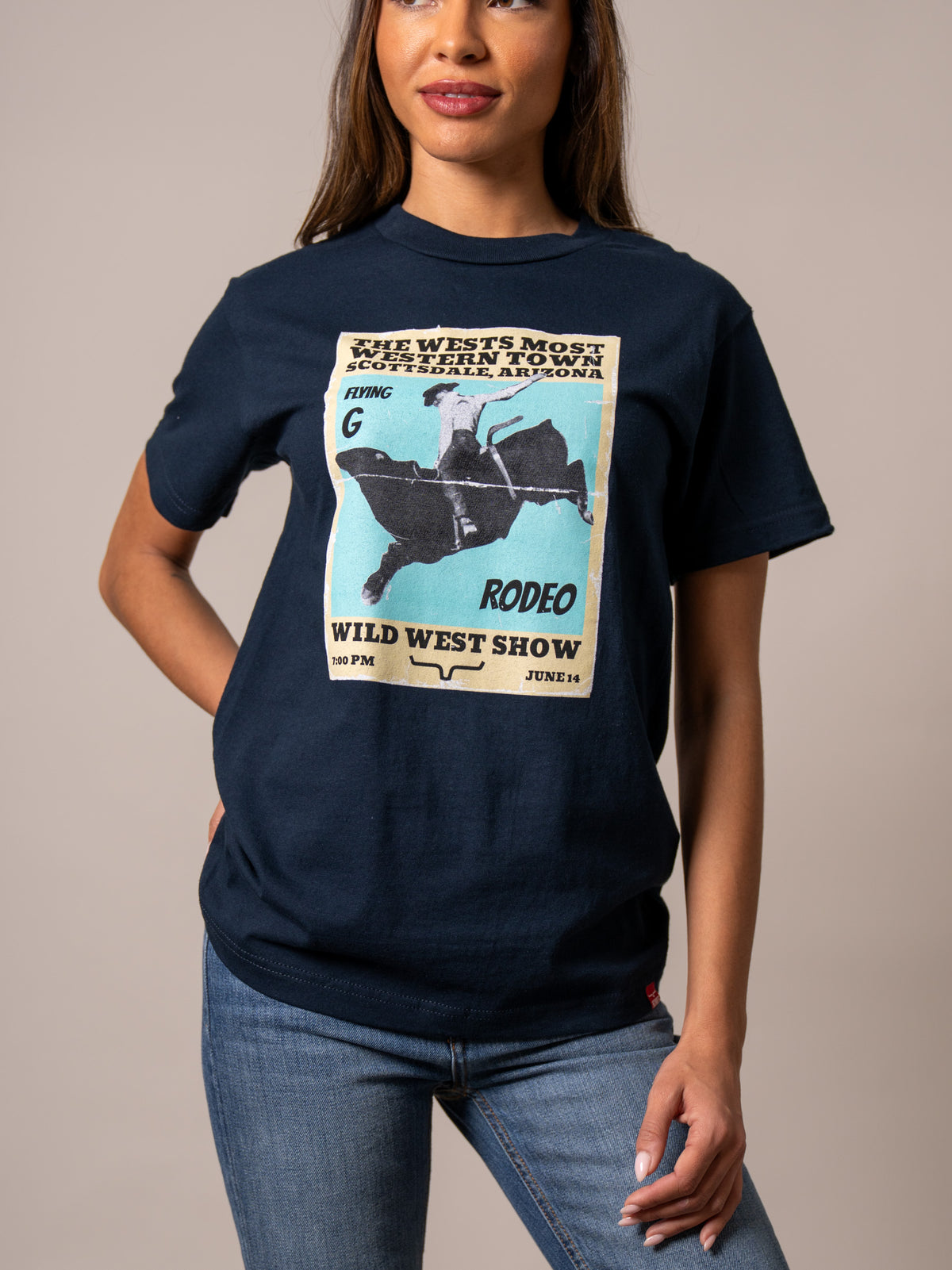 Kimes Ranch Ladies Greg 1950 shirt in Navy with a vintage rodeo poster graphic