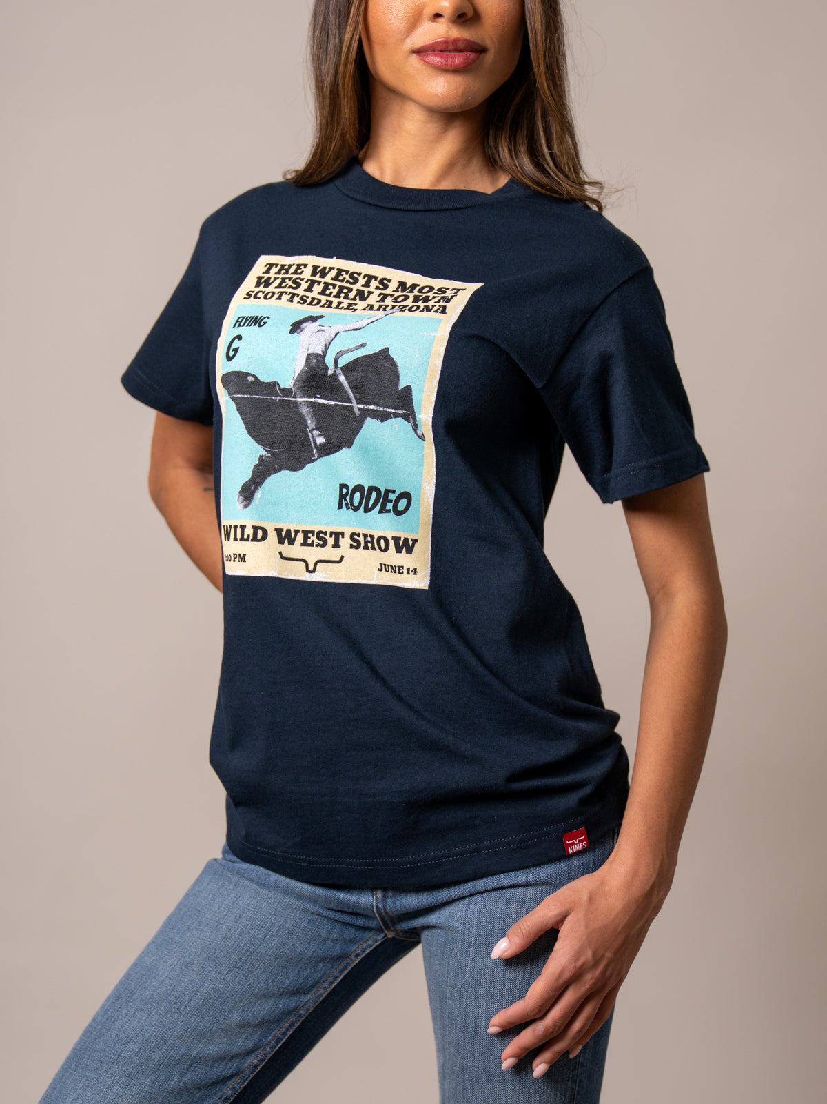 Kimes Ranch Ladies Greg 1950 shirt in Navy with a vintage Scottsdale rodeo poster graphic