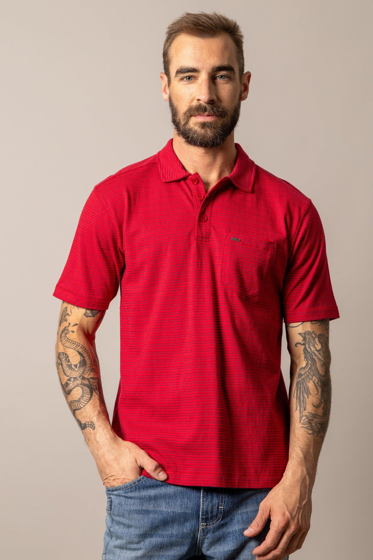 Kimes Ranch Harlan Polo in Red with a chest pocket and subtle horizontal stripes
