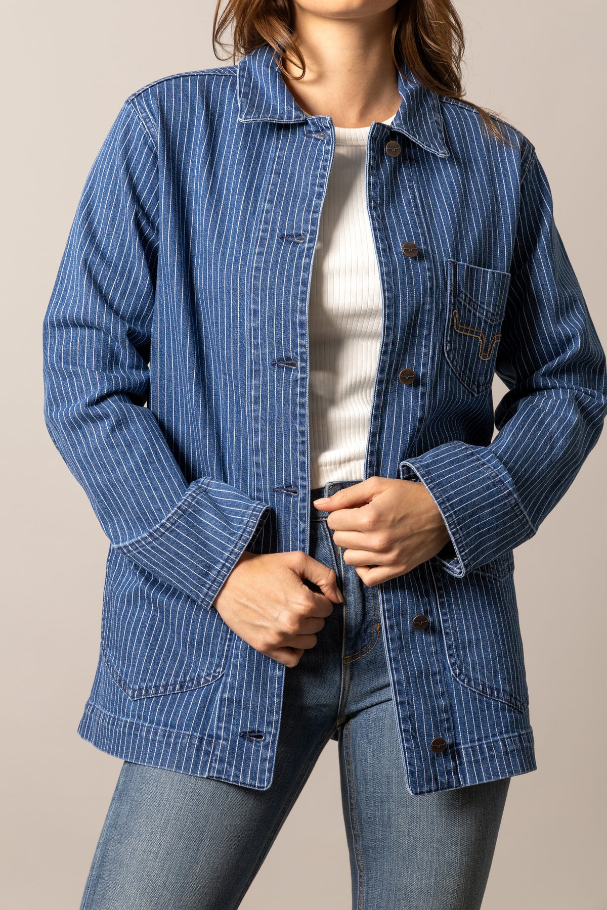 Kimes Ranch Harlow jacket in Indigo Stripe with long sleeves and front pockets