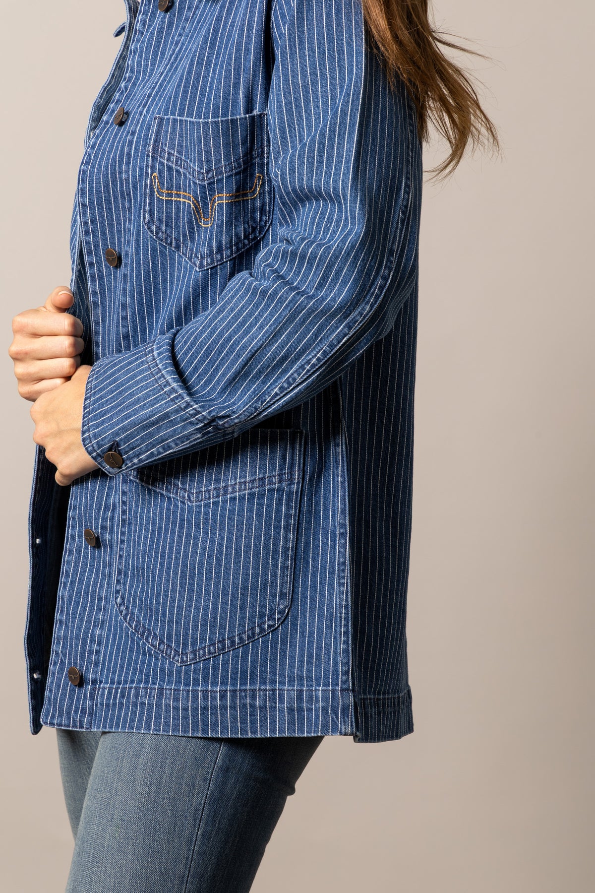 Kimes Ranch Harlow jacket in Indigo Stripe, side view, with long sleeves, front pockets