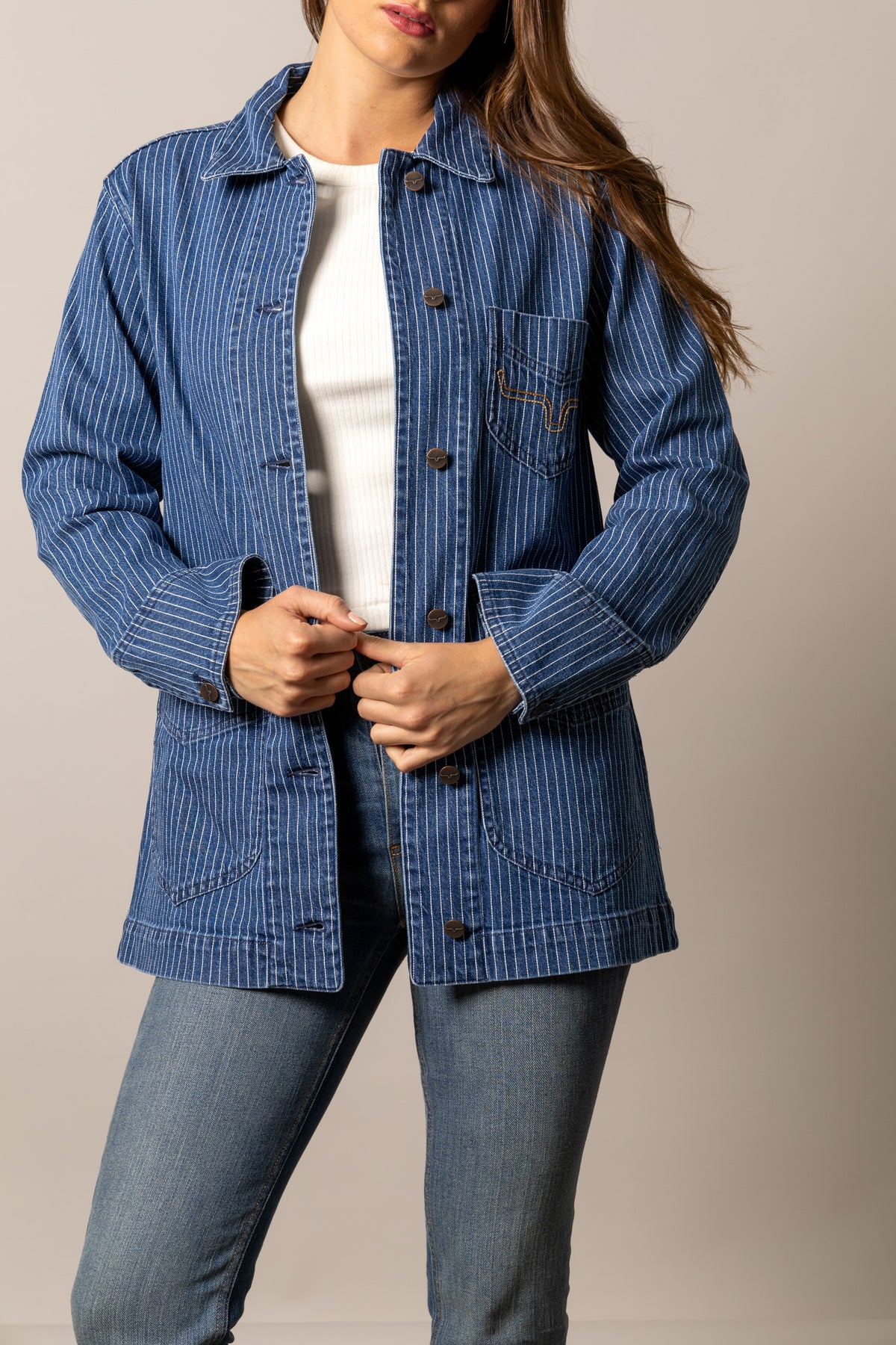 Kimes Ranch Harlow jacket in Indigo Stripe with long sleeves, button front, and chest pocket