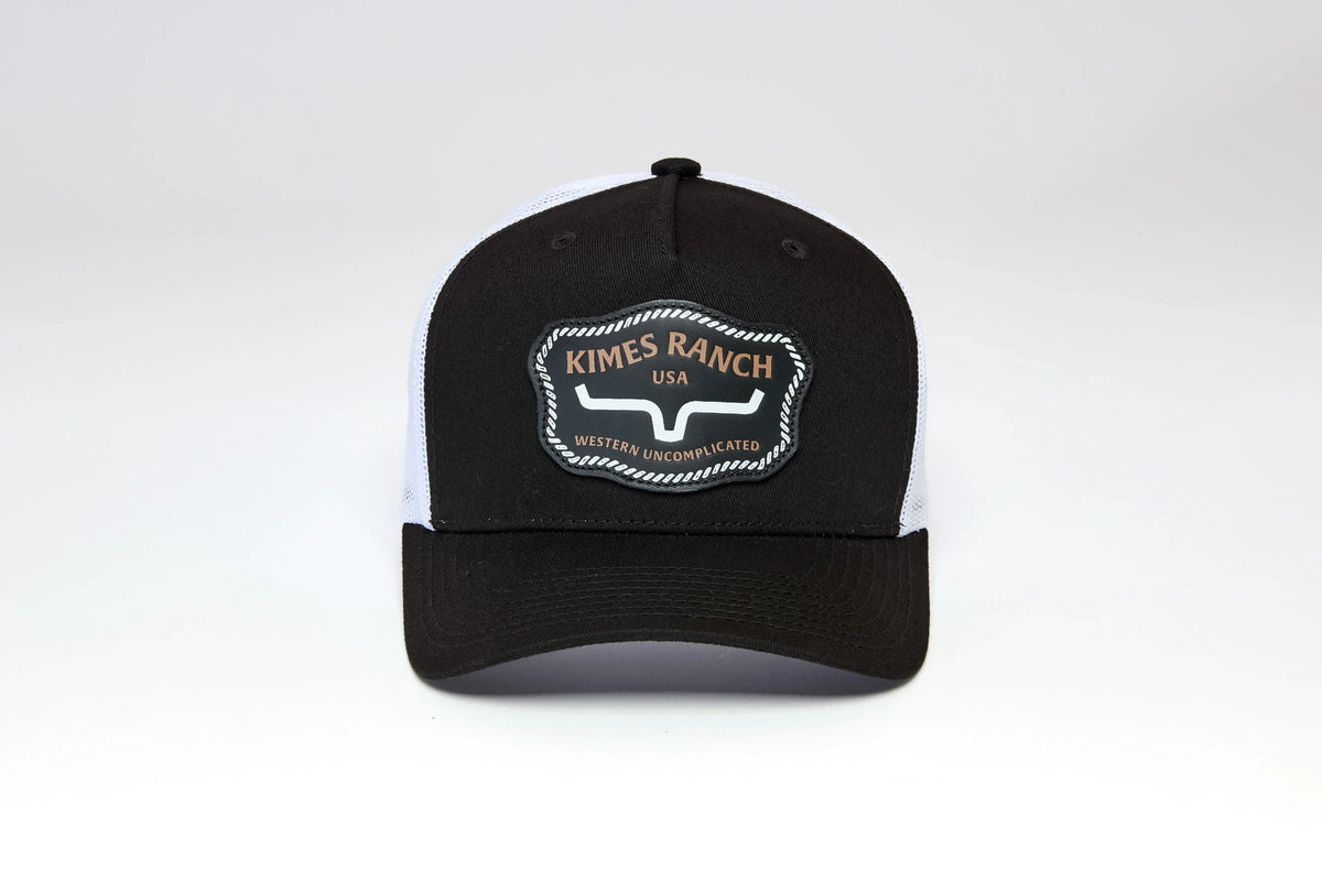 Kimes Ranch Hawkins hat in Black with a front logo patch and white mesh back