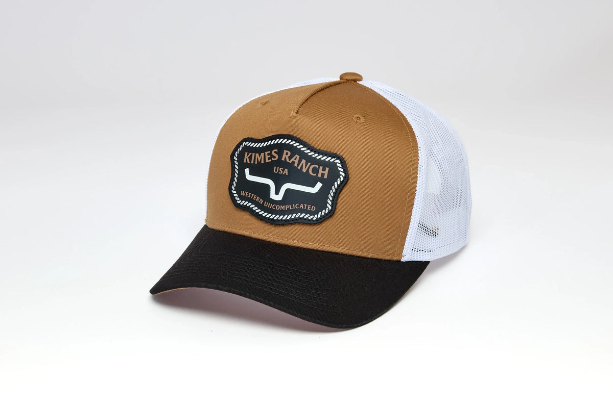 Kimes Ranch Hawkins hat in Work Wear Brown, side view, with white mesh back and black brim featuring the Kimes Ranch logo