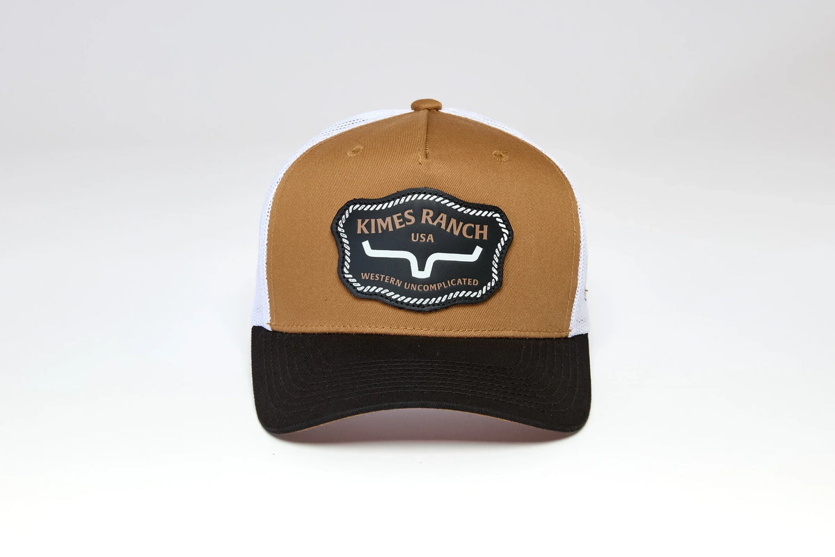 Kimes Ranch Hawkins Hat in Work Wear Brown with white mesh back and black brim featuring the Kimes Ranch logo
