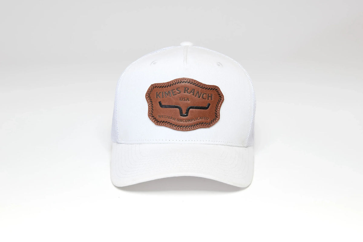Kimes Ranch Hawkins hat in White with a brown logo patch on the front
