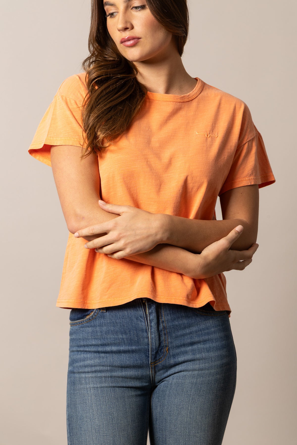 Kimes Ranch Hayloft shirt in Orange with short sleeves and a crew neck