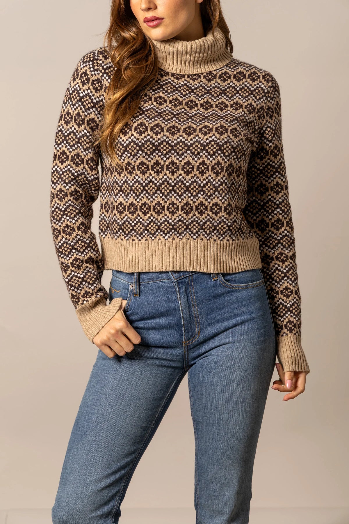 Kimes Ranch Hazel Turtleneck sweater in Coffee with a geometric pattern and ribbed trim