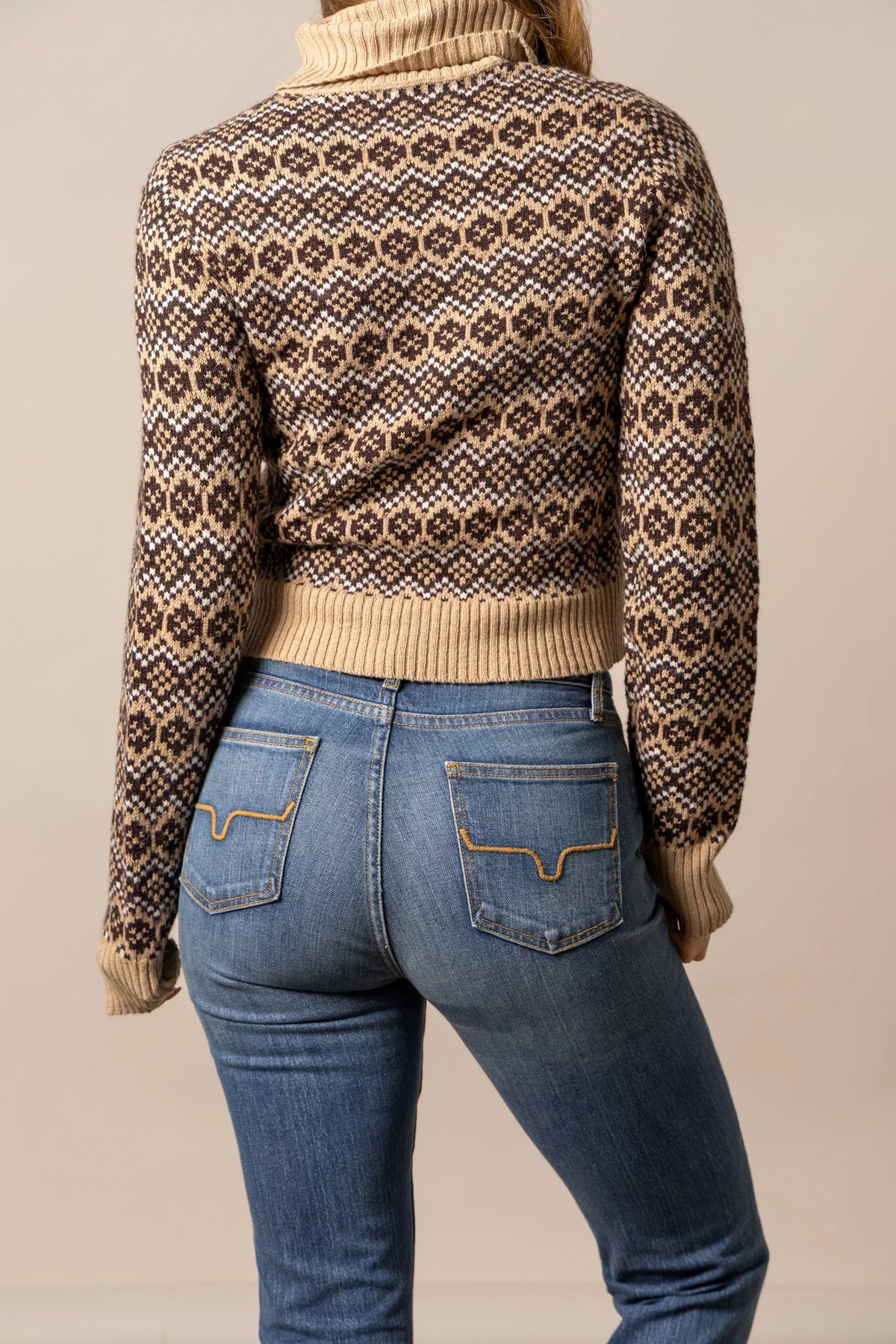 Kimes Ranch Hazel Turtleneck sweater in Coffee, back view, with a geometric pattern and ribbed trim