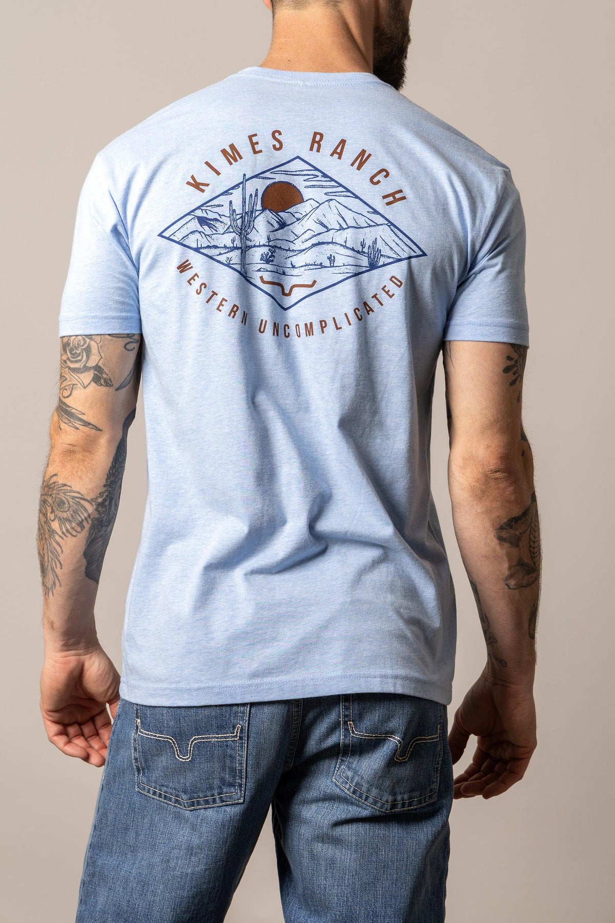 Kimes Ranch Desert Diamond shirt in Heather Columbia Blue, back view