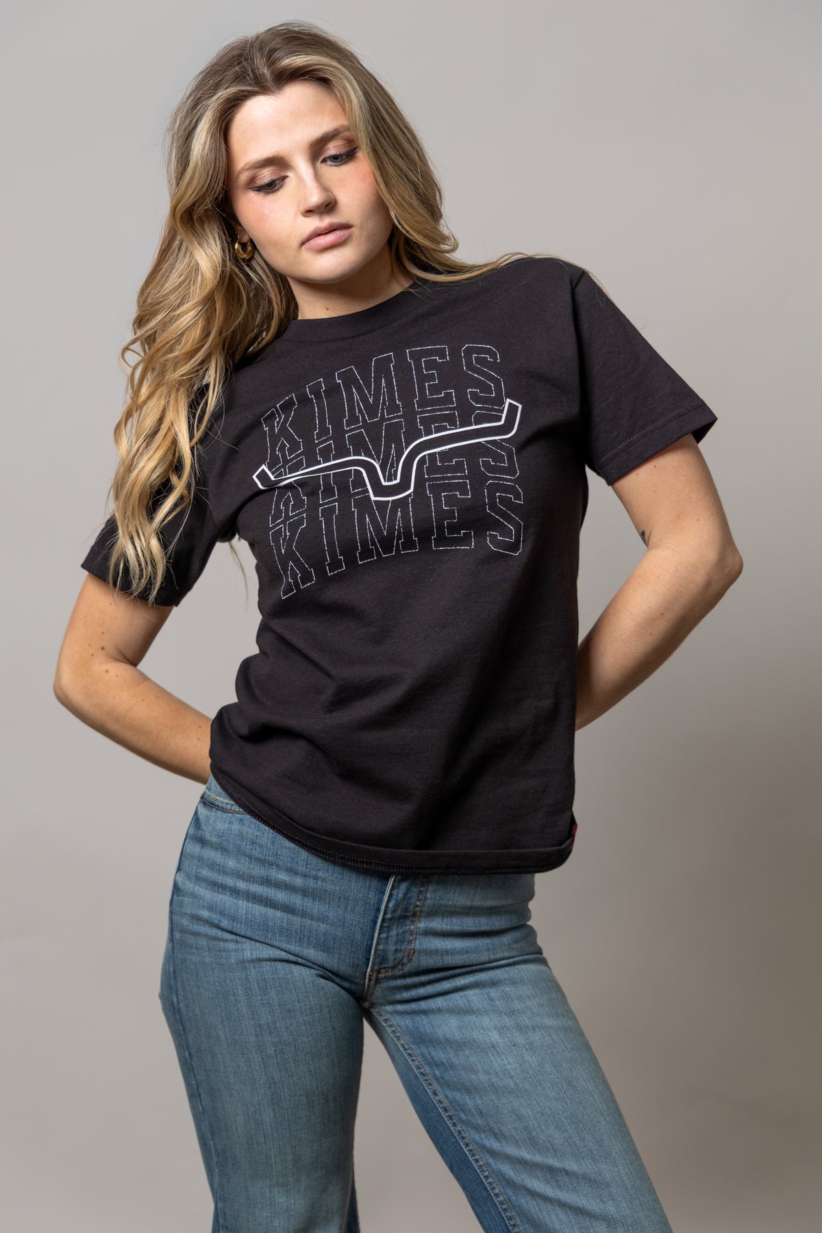 Kimes Ranch Heavy Branded shirt in Black with a stacked white outline KIMES graphic and swoosh on the front