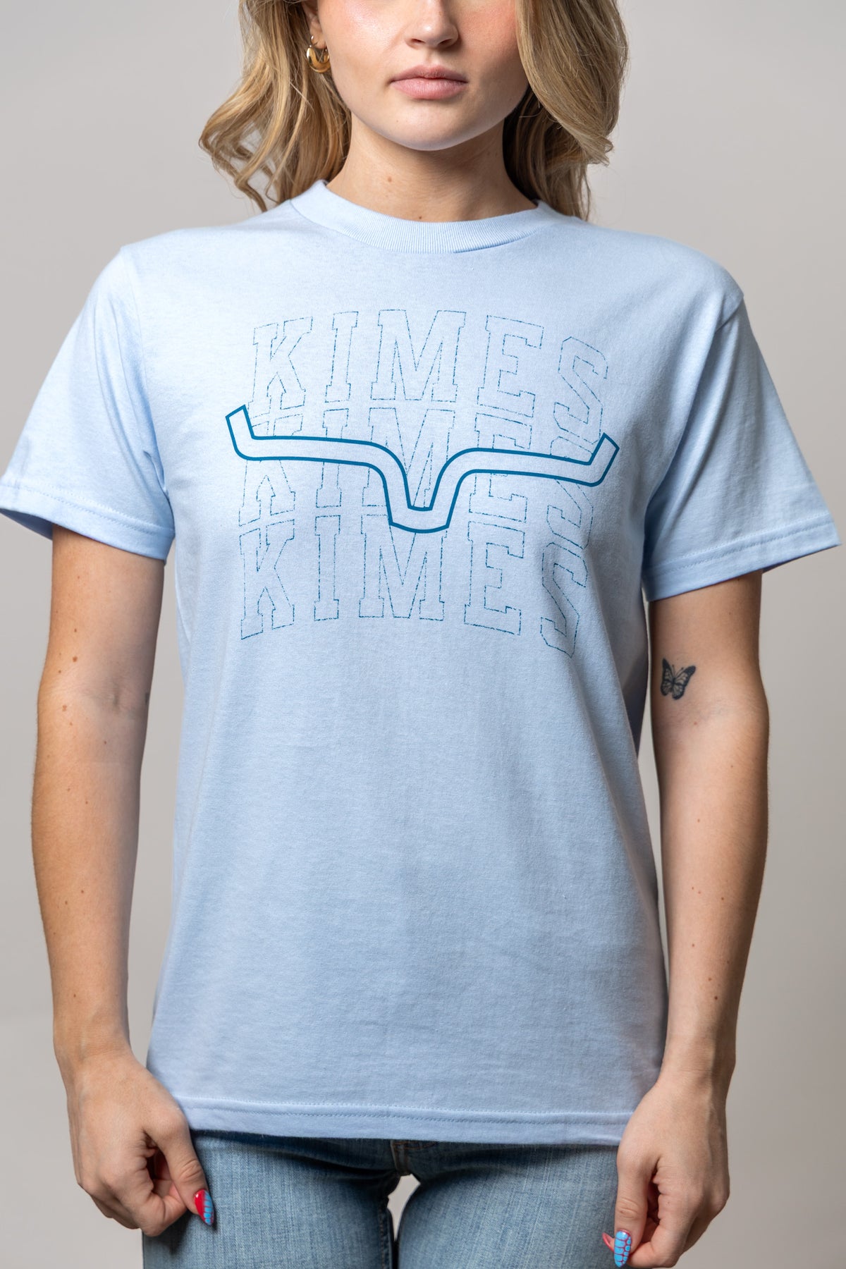 Kimes Ranch Heavy Branded shirt in Ocean with a graphic of the word KIMES repeated three times