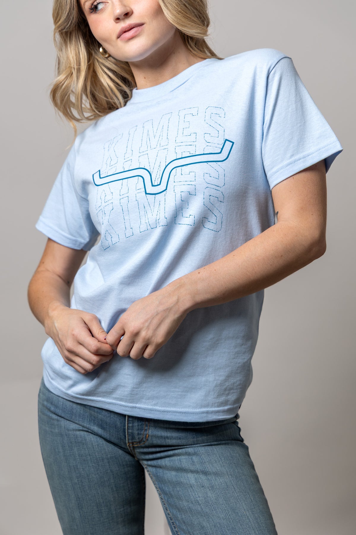 Kimes Ranch Heavy Branded shirt in Ocean with a graphic print of the word KIMES in a wavy outline