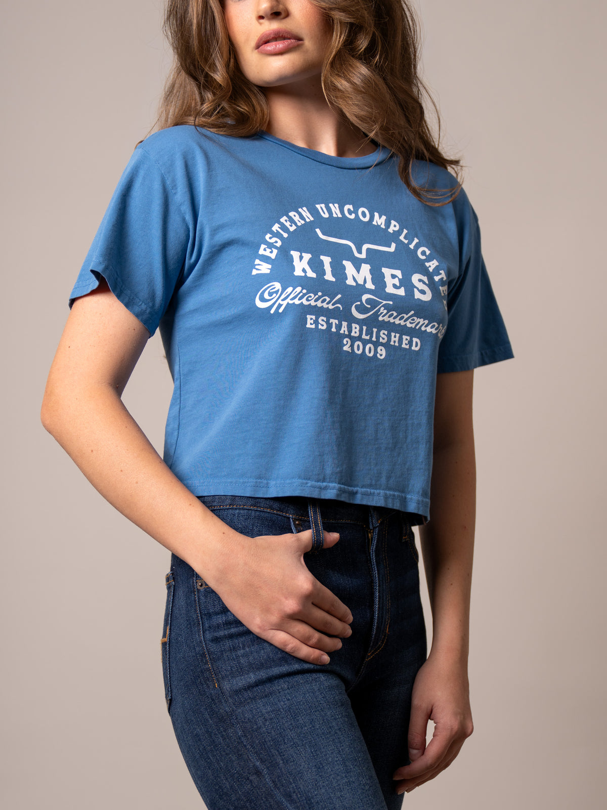 Kimes Ranch Heavy Text shirt in Carbon Blue with a Western Uncomplicated graphic and Official Trademark Est 2009 print