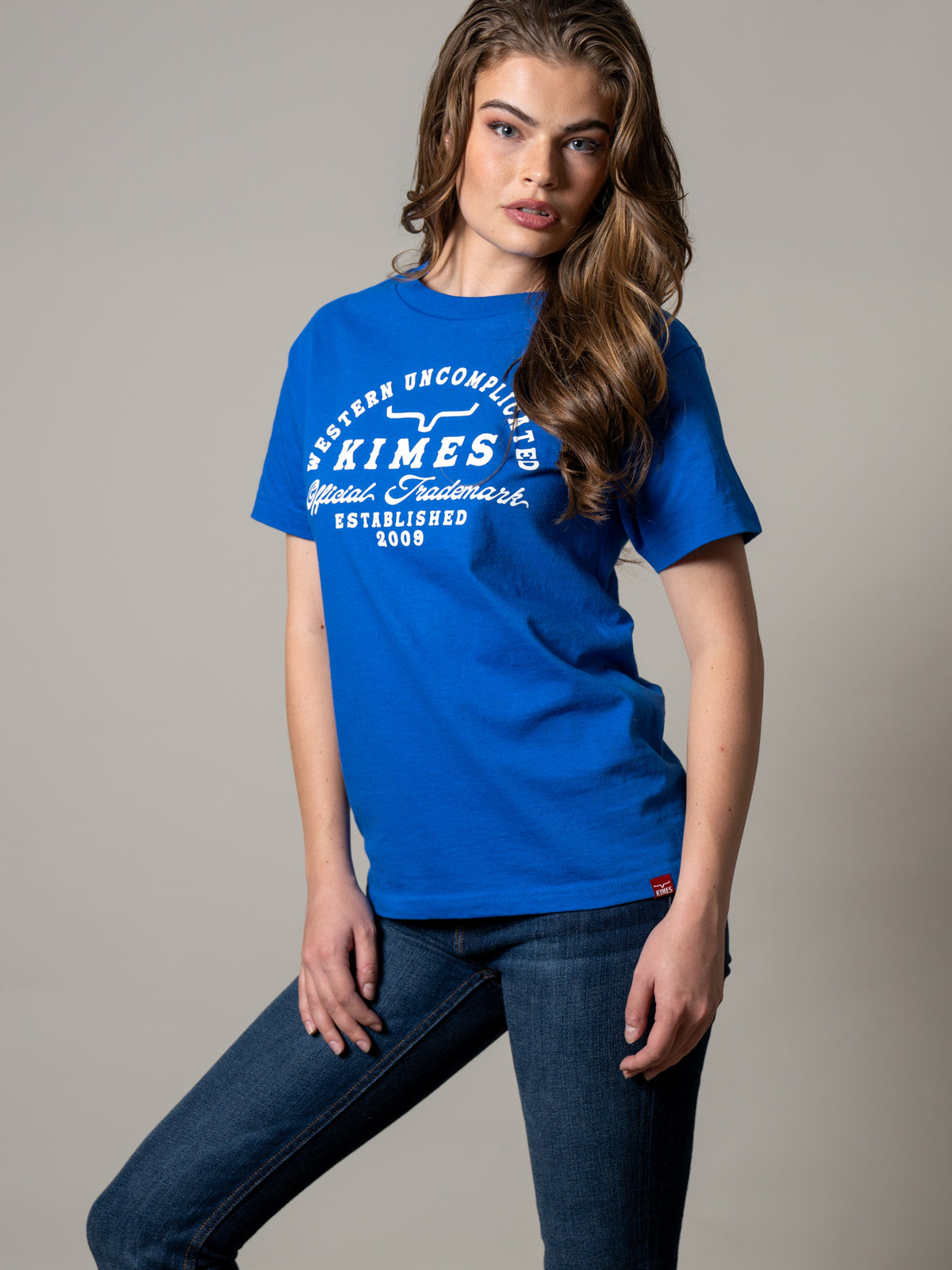 Kimes Ranch Branded shirt in blue with a Western Uncomplicated Kimes Official Trademark Established 2009 graphic
