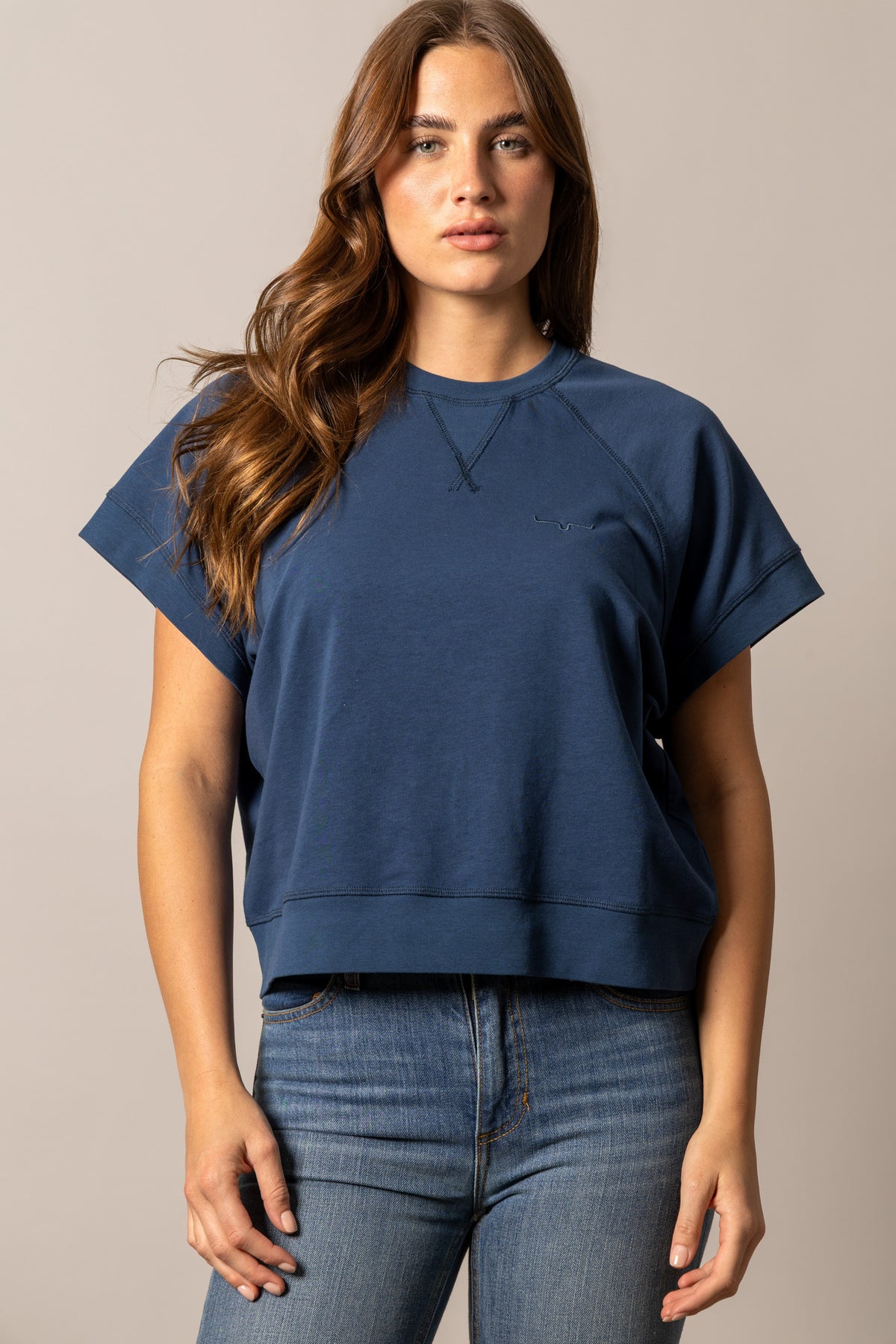 Kimes Ranch Holly sweatshirt in Dark Blue with short sleeves and a crewneck collar