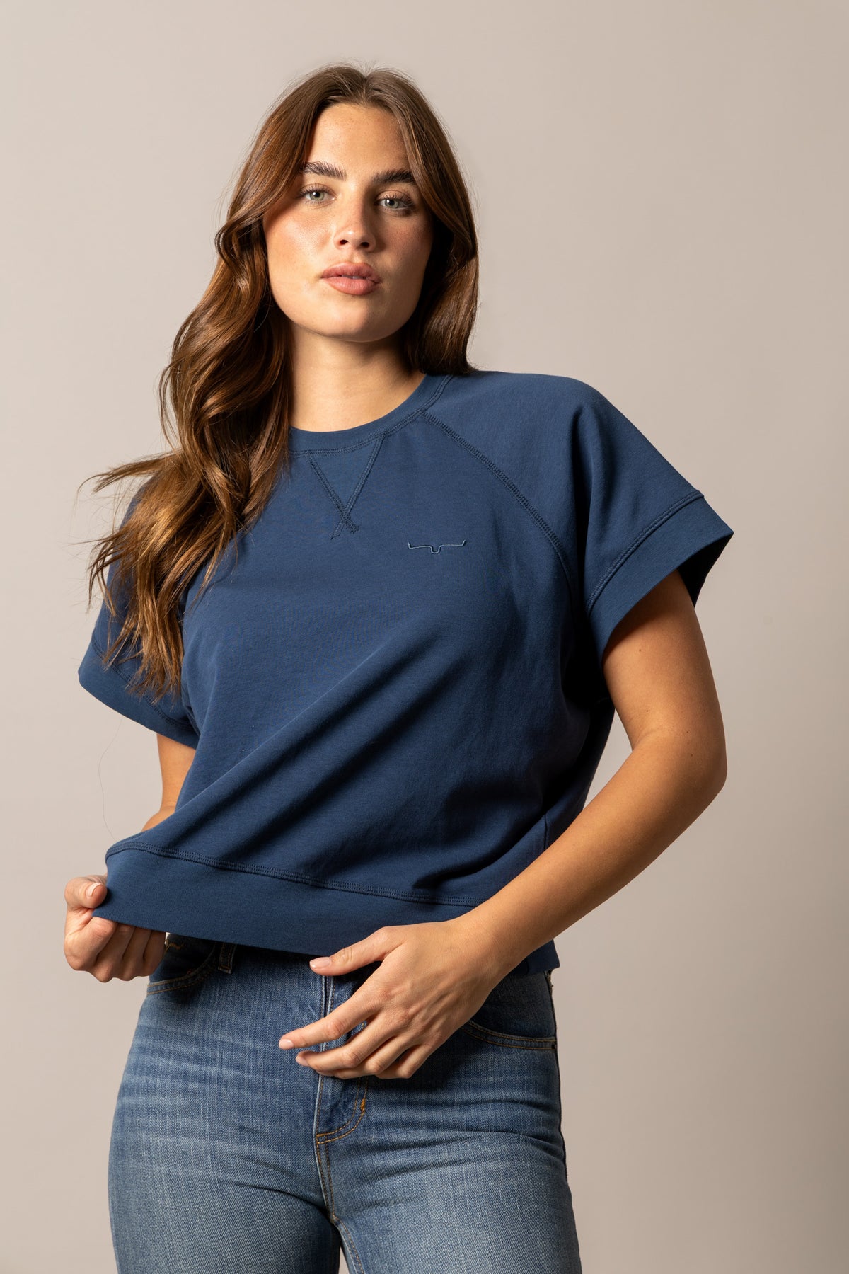 Kimes Ranch Holly sweatshirt in Dark Blue with a crewneck collar and short sleeves