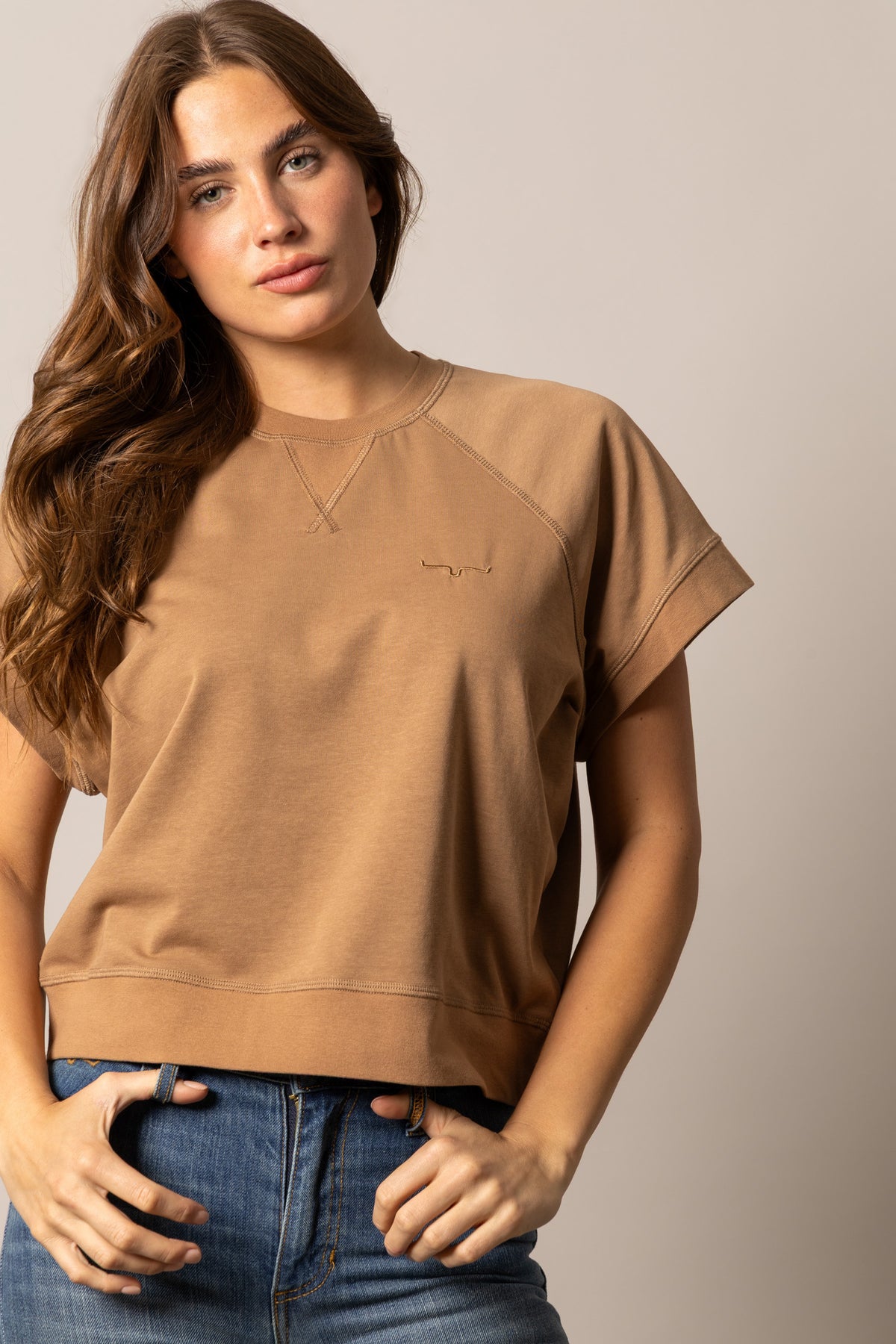 Kimes Ranch Holly sweatshirt in Tobacco with a crewneck, short sleeves, and a small embroidered logo on the chest