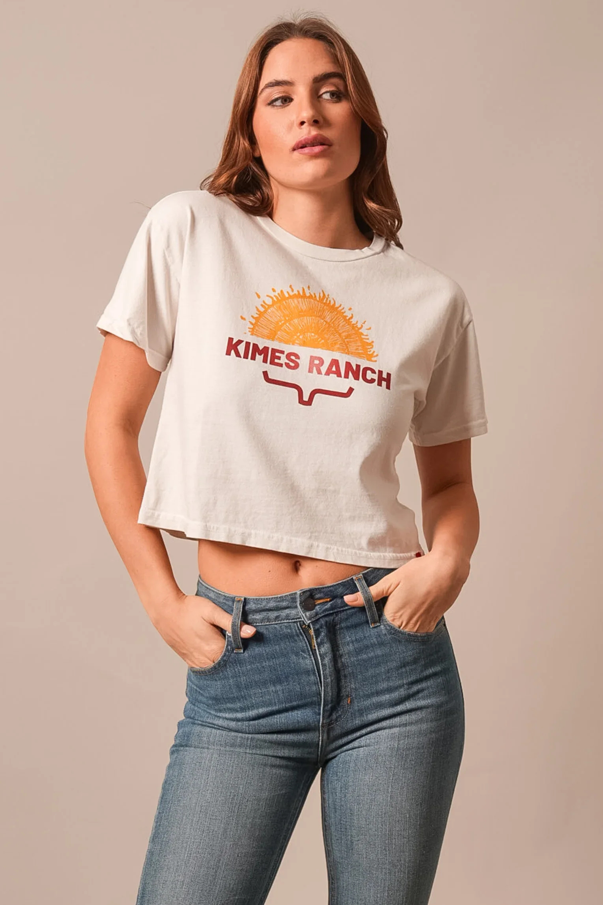 Kimes Ranch Home Grown Bone short sleeve shirt with a sun graphic and Kimes Ranch logo