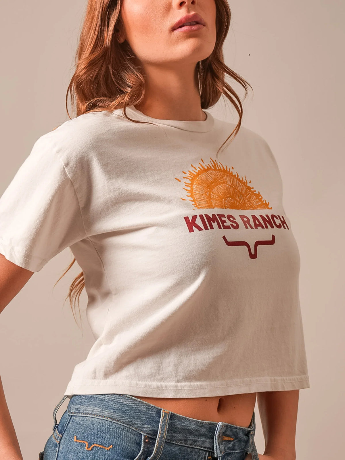Kimes Ranch Home Grown shirt in Bone with a sun graphic and Kimes Ranch logo
