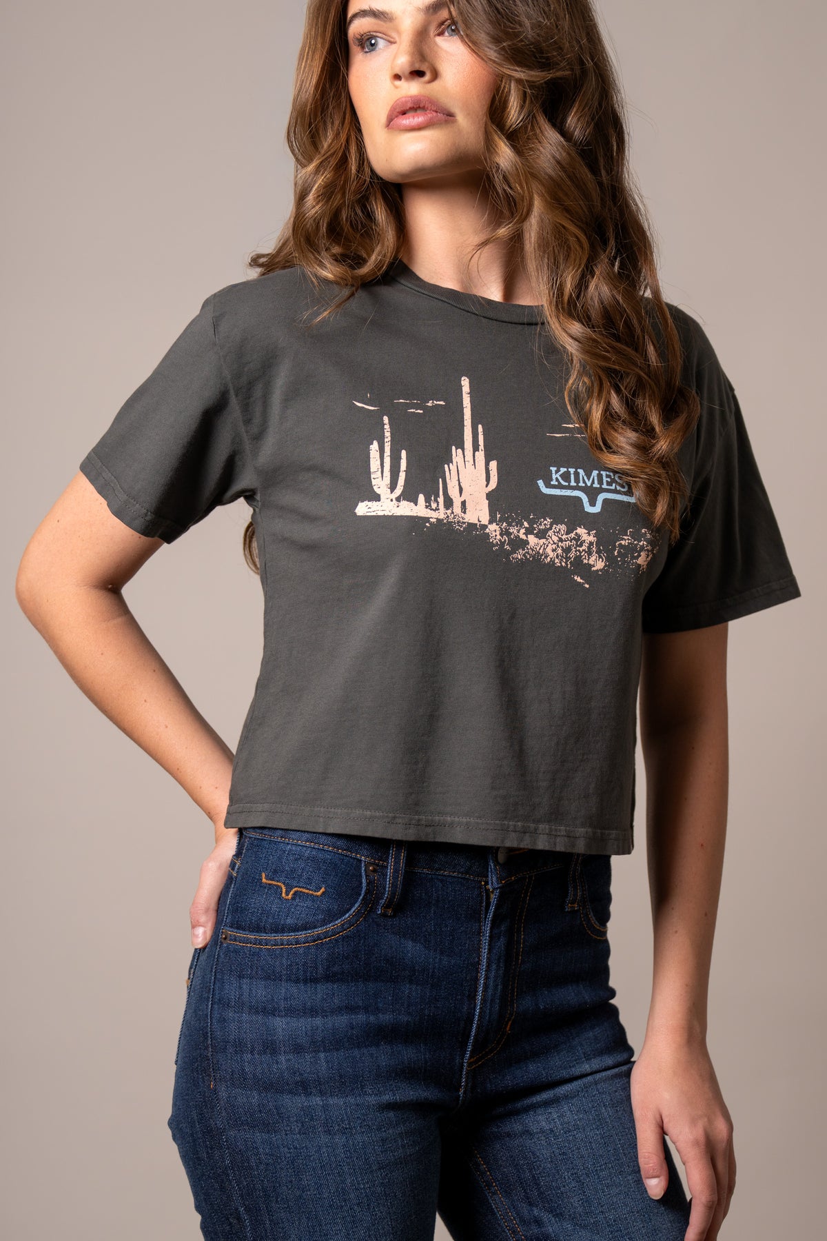 Kimes Ranch Horizon West shirt in Pepper with a desert cactus graphic and Kimes Ranch logo