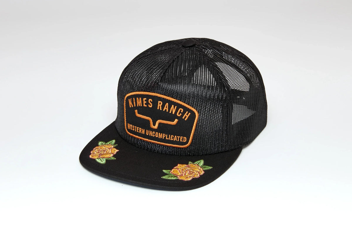 Kimes Ranch Hunton Trucker hat in Black with embroidered Kimes Ranch logo and yellow roses